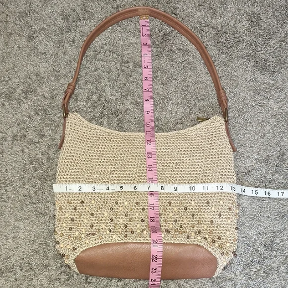 The Sak Woven Bohemian Hobo Bag-Faux Leather-Wooden Beaded-Tan/Brown-Medium - Picture 5 of 8